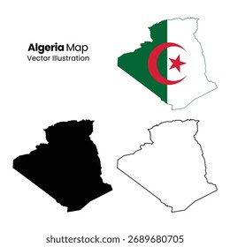 Algeria map and flag vector illustration. This illustration displays the outline of Algeria, its silhouette, and its flag, presented as a vector graphic.