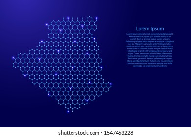 Algeria map from futuristic hexagonal shapes, lines, points  blue and glowing stars in nodes, form of honeycomb or molecular structure for banner, poster, greeting card. Vector illustration.