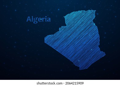 Algeria map hand drawn scribble sketch.Vector map in futuristic style on dark blue space background. Vector illustration.