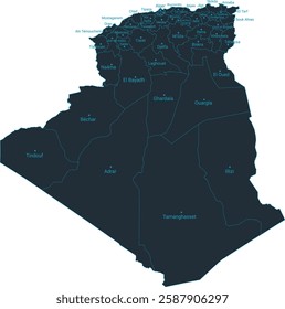 Algeria map high detailed with administrative divide by state, capital cities names, outline simplicity style. Vector illustration EPS10.