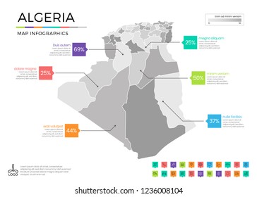 Algeria map infographics with editable separated layers, zones, elements and district area in vector