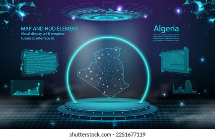 algeria map light connecting effect background. abstract digital technology UI, GUI, futuristic HUD Virtual Interface with algeria map. Stage futuristic podium in fog.
