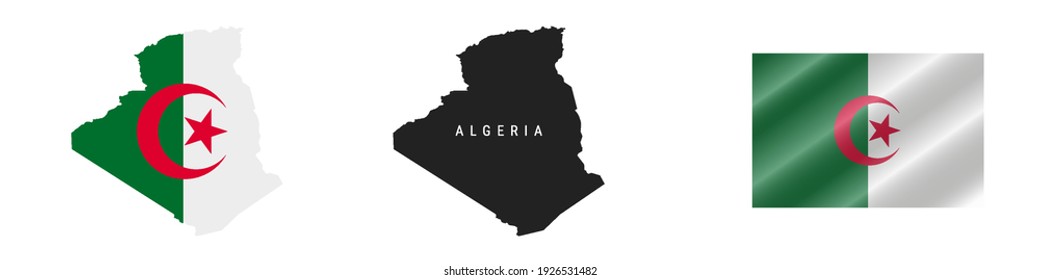 Algeria. Map with masked flag. Detailed silhouette. Waving flag. Vector illustration isolated on white.