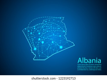 algeria map with nodes linked by lines. concept of global communication and business. Dark algeria map created from white dots with travel locations or internet connection.