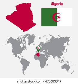 Algeria map on a world map with flag and map pointer. Vector illustration