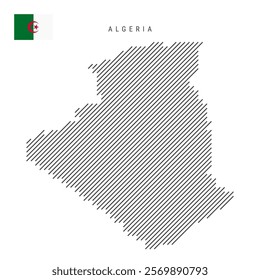 Algeria map from pattern of black slanted parallel lines. Algerian map with gray diagonal lines. Silhouette of a country made of oblique hatching. Vector illustration isolated on white.