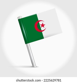 Algeria map pin flag icon. Algerian pennant map marker on a metal needle. 3D realistic vector illustration.