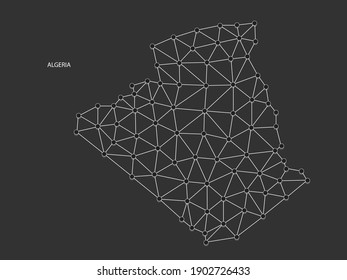 Algeria Map Point scales on black background. Wire frame polygonal network white line, dot and shadow dot.