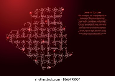 Algeria map from red pattern of the maze grid and glowing space stars grid. Vector illustration.