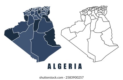 Algeria map regions border outline vector set