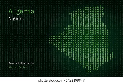 Algeria Map Shown in Binary Code Pattern. TSMC. Matrix numbers, zero, one. World Countries Vector Maps. Digital Series