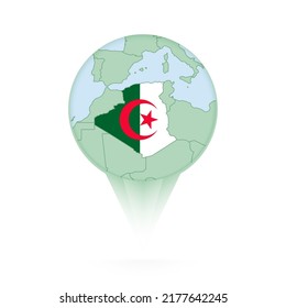 Algeria map, stylish location icon with Algeria map and flag. Green pin icon.