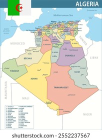 Algeria Map Vector New 2024 Colorful  - Customizable layered political map of Algeria with administrative divisions for website, education, reports, news, politics, print, poster and wallpaper