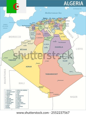 Algeria Map Vector New 2024 Colorful  - Customizable layered political map of Algeria with administrative divisions for website, education, reports, news, politics, print, poster and wallpaper
