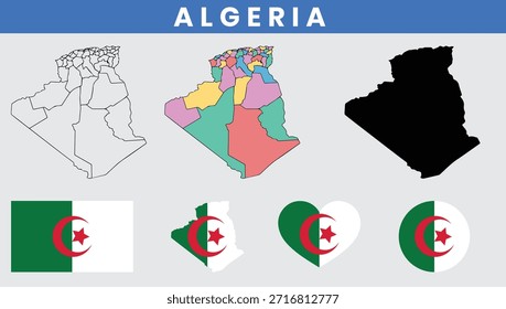 Vetor mapa Argélia com províncias e conjunto de bandeira nacional