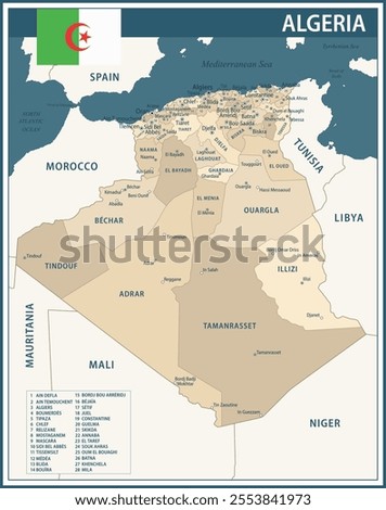 Algeria Map Vector Vintage Dark Blue Beige - Customizable layered political map of Algeria with administrative divisions for website, education, reports, news, politics, print, poster and wallpaper