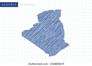 Algeria Map - World Map International vector template with blue outline graphic and pen drawing sketch style isolated on white grid background for design, website - Vector illustration eps 10