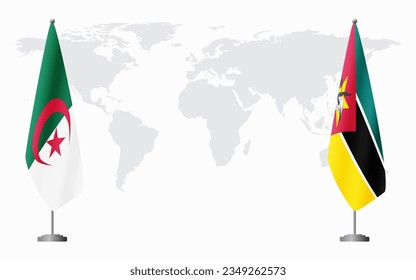 Algeria and Mozambique flags for official meeting against background of world map.