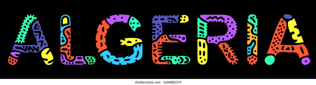 Algeria. Multicolored bright contrast isolate inscription. Colored curves doodle letters. Algeria for prints on clothing, algerian t-shirts, souvenir, booklet, banner, cards, satchels. Stock picture.