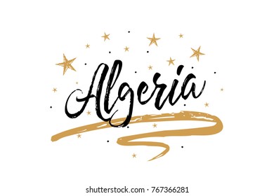 Algeria. Name country word text card, banner script. Beautiful typography inscription greeting calligraphy poster black, gold ribbon, star. Handwritten design modern brush lettering isolated vector