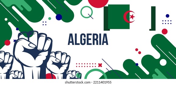 Algeria national day banner with flag, and geometric abstract background design. Algerian independence day theme. Algeria protest Vector Illustration.