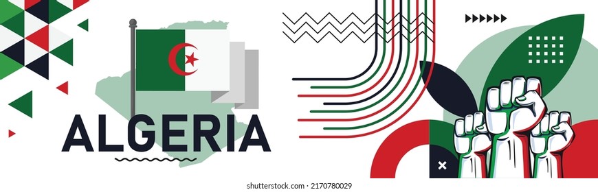Algeria national day banner with map, flag colors theme background and geometric abstract retro modern green white red design. Algerian theme. Algiers Africa Vector Illustration. svg