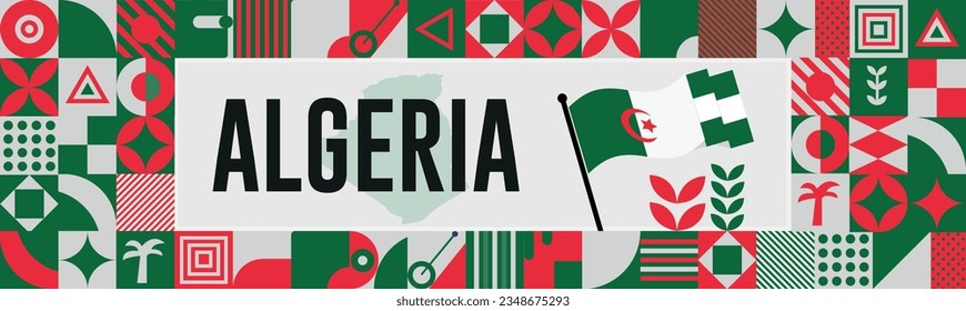 ALGERIA national day banner with map, flag colors theme background and geometric abstract retro modern Red green design. abstract modern design.