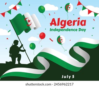 ALGERIA national day banner with map, flag colors theme background