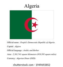 Algeria national flag, country's official name, country area size, official language, capital and currency.