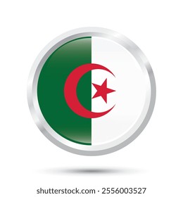 Algeria National official flag button round glossy button shiny 3D badge chrome vector illustration isolated on white background for National day of Algeria, Independence Day of Algeria 5 July banner