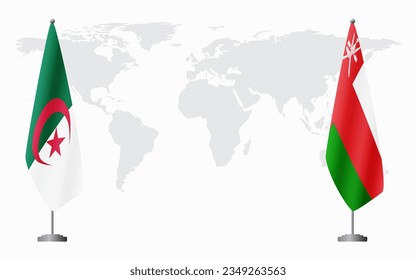 Algeria and Oman flags for official meeting against background of world map.