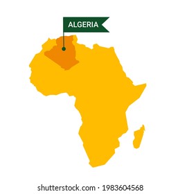 Algeria on an Africa s map with word Algeria on a flag-shaped marker.