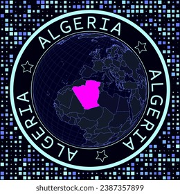 Algeria on globe vector. Futuristic satellite view of the world centered to Algeria. Geographical illustration with shape of country and squares background. Bright neon colors on dark background.