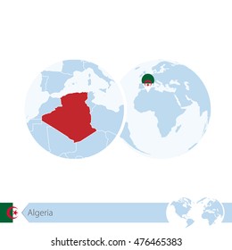 Algeria on world globe with flag and regional map of Algeria. Vector Illustration.