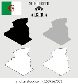 Algeria outline world map, solid, dash line contour silhouette, national flag original proportion, vector illustration design, isolated on background, objects, symbol from countries set