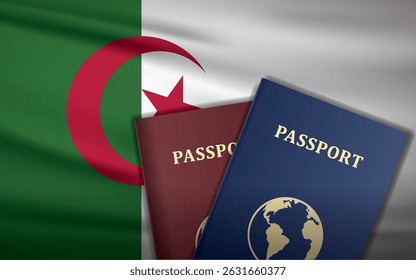 Algeria Passports with Algeria Flag Background	