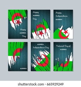 Algeria Patriotic Cards for National Day. Expressive Brush Stroke in National Flag Colors on dark striped background. Algeria Patriotic Vector Greeting Card.