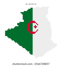 Algeria pixel flag map icon. 8 bit pixel art Algerian map covered with flag. Flat vector illustration isolated on white background.