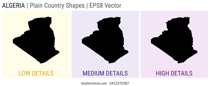 Algeria - plain country shape. Low, medium, and high detailed maps of Algeria. EPS8 Vector illustration.