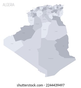 Algeria political map of administrative divisions - provinces. Grey vector map with labels.