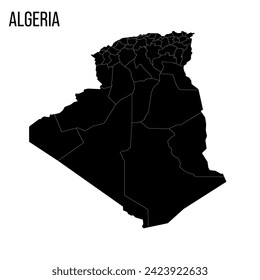 Algeria political map of administrative divisions - provinces. Blank black map and country name title.