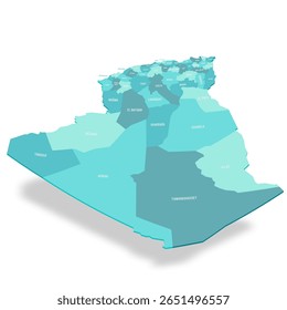 Mapa político argelino das divisões administrativas - províncias. Mapa de vetor turquesa 3D com rótulos de nome.