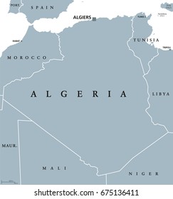 Algeria political map with capital Algiers. Peoples Democratic Republic of Algeria. Arab country in the Maghreb region of North Africa. Gray illustration on white background. English labeling. Vector.