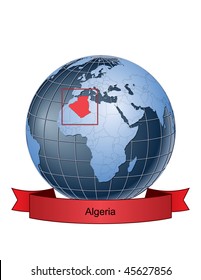 Algeria, position on the globe Vector version with separate layers for globe, grid, land, borders, state, frame; fully editable