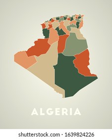 Algeria poster in retro style. Map of the country with regions in autumn color palette. Shape of Algeria with country name. Awesome vector illustration.