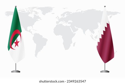 Algeria and Qatar flags for official meeting against background of world map.