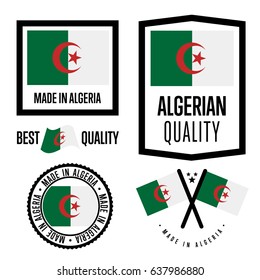 Algeria quality isolated label set for goods. Exporting stamp with algerian flag, nation manufacturer certificate element, country product vector emblem. Made in Algeria badge collection.