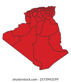 Algeria red map with border of regions outline vector