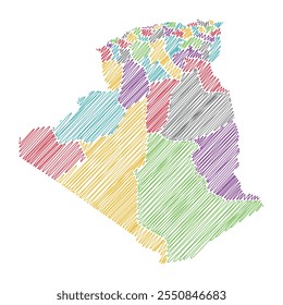 Algerien mit Regionen, Fadenkarte Linie Vektorgrafik 1