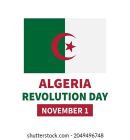 Algeria Revolution Day lettering with flag. National holiday celebrate on November 1. Easy to edit vector template for typography poster banner, flyer, sticker, greeting card, postcard, etc.